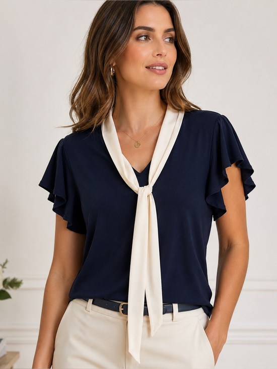 Adrianna Papell Tops - Adrianna Papell Navy Cream Scarf Tie Flutter Sleeve Top L